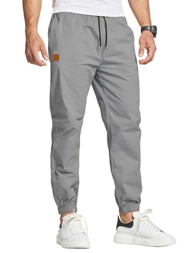 Image of JustSun Mens Casual Chinos Trousers Joggers Elasticated Waist Trousers for Men Cotton Pants Gym Sports Tracksuit Bottoms Drawstring Sweatpants with Pockets Grey S