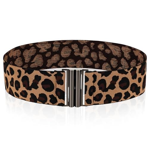 Image of Amabro Women Stretch Waist Belts, Skinny Elastic Wide Waistband Leopard Print Retro Dress Tuck Belt, Unique Buckle (Black)