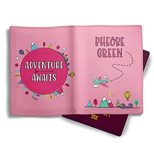 Image of My First Passport Cover Personalised - with Any Kids Name | Customised Girl's UK Pink Passport Holder | Children's Child's 1st Passport Wallet Protector (Pink/Mint)