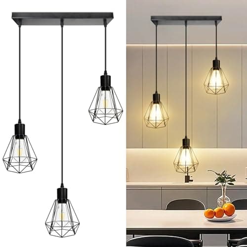 Image of HiBay 3 Light Pendant Light Height Adjustable, E27 Ceiling Lights Metal Square Plate Hanging Lights for Living Room, Dining Room, Coffee Shop