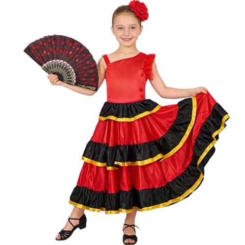 Image of LOLANTA 3Pcs Girl Ruffle Tiered Flamenco Dress, Spanish Sevillana Style Dance Costume, with Red Flower and Folding Fan, 180 Degree, 9-10 Years, 140