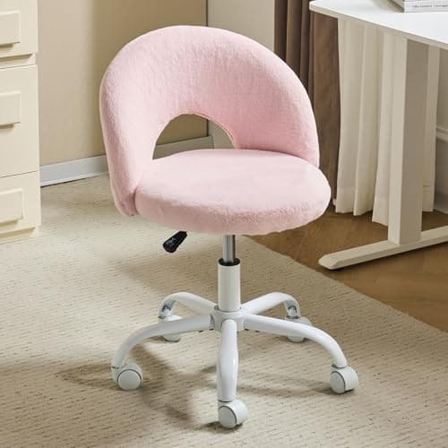 Image of Bonnlo Comfy Vanity Chair with Wheels Small Office Chair Modern Swivel Dressing Table With Adjustable Height for Home Office, Bedroom, Dressing Room, Faux Fur, Pink