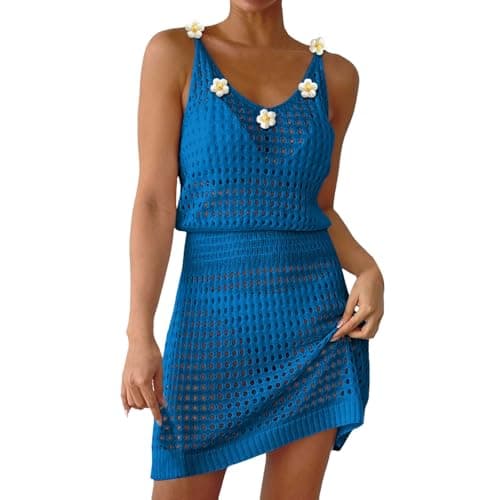 Image of Ladies Swimming Costumes Crochet Hollow Out Beach Cover Up with Knit Flower Design Elegant Spaghetti Strap Sarong Solid V-Neck Swimming Beach Dress for Tropical Holiday Retreats Blue