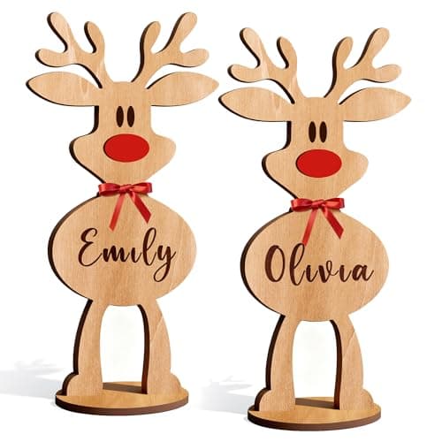 Image of EDSG Personalised Christmas Decorations Sign, Wooden Reindeer Christmas Table Decoration Place Name, Xmas Ornament Table Place Name Card Setting Decoration Family Gifts (Family of 2)