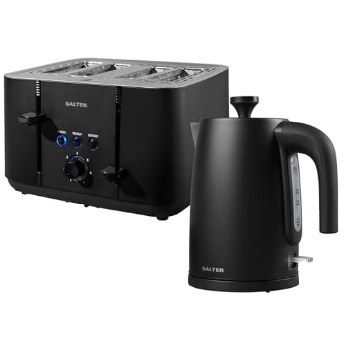 Image of Salter COMBO-8824 Kuro Kettle and Toaster Set – Black 1.7L Capacity Fast Boil Kettle With Limescale Filter, 4-Slice Self-Centring Anti-Jamming Electric Toaster, Defrost/Reheat/Cancel, 3kW/1850W