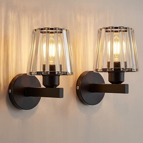 Image of OXENKA 2 PCS Modern Crystal Wall Light Sconce, E27 Black Crystal Wall Lamp, Indoor Wall Sconce Lights, Wall Lighting Fixtures for Bedside Bedroom Living Room Corridor Dining Room Hallway Stair(Black)