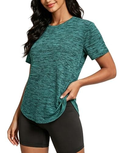 Image of Tansozer Women Gym Top Short Sleeve Yoga T Shirts Summer Running Clothes Sports Workout Wear Casual Outfit, Emerald Green, S