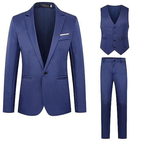 Image of BiCophy Big and Tall Mens Classic Formal Suits 3 Piece Notch Lapel Two Button Blazer Jacket Slim Fit Vest Flat Front Dress Pants Solid Color Business Suit Sets for Party Prom Dinner Wedding Navy