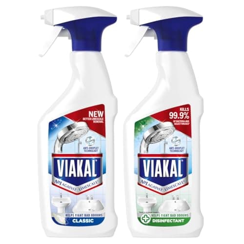 Image of Viakal Limescale Remover Spray Bundle (2 Pack) – CLASSSIC & DISINFECTANT 3-IN-1 Bathroom Cleaner – Powerful Descaler, Kills 99.9% of Bacteria, Anti-Droplet Technology for Long-Lasting Shine