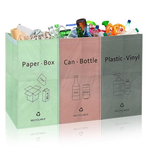 Image of Reusable Recycling Bags 54L Recycling Bins with Handle Indoor Outdoor Separate Sorting Organizer Waterproof Woven Waste Recycle Bin Bags for Kitchen Home Office, Set of 3