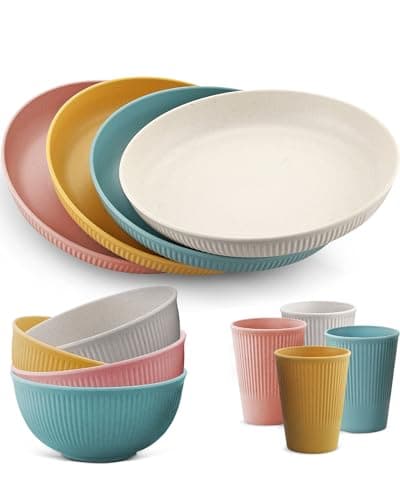 Image of HOMGEN 12Pcs Plastic Plates and Bowls Set - Unbreakable Party Dinner Set for 4 - Reusable Plates and Bowls Set - Colourful Camping Crockery Set Lightweight Plate and Cutlery Set for Christmas Birthday