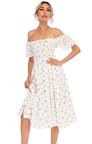 Image of R.Vivimos Women's Casual A-Line Print Square Neck Puff Sleeve Dress Hem High Waist Midi Fitted Dress Vacation Dresses(Medium,White)