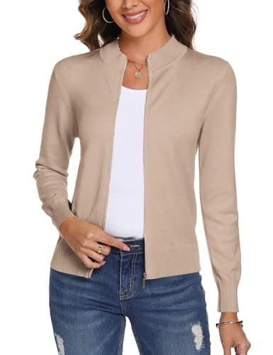 Image of Aottori Cardigan Women Zip Up Knitted Cardigans Ladies Long Sleeve Open Front Jackets Zipper Lightweight Solid Basic Knitwear UK Beige XXL