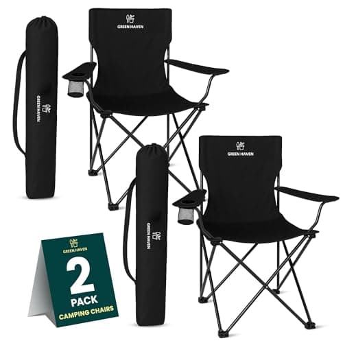 Image of Green Haven Folding Camping Chair with Cup Holder & Carry Bag – Lightweight Portable Outdoor Chair, Heavy Duty Steel Frame, Padded Headrest, Wide Seat for Camping, Festival, Garden, Fishing