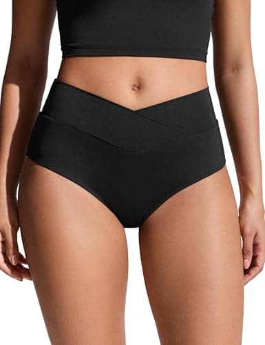 Image of CRZ YOGA Women's V Cut Bikini Bottoms High Waist Tummy Control Swimsuit V-Cross Front Briefs Tankini Swimwear Full Coverage Black 12
