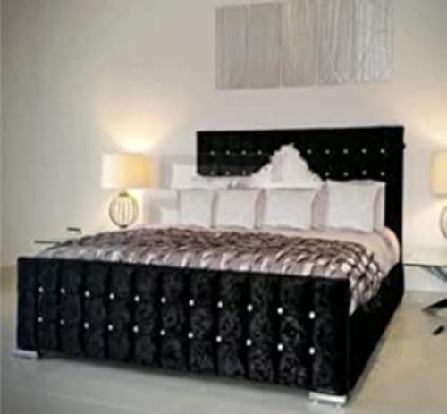Image of mm08enn Cubed Upholstered Crushed Velvet Double/Kingsize Bed Frame in Silver,Black,Cream,Gold,Champagne,Truffle (4ft6 Double, Black)