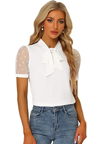 Image of Allegra K Women's Bow Tie Neck V Neck Stand Collar Short Mesh Sleeve Blouse White L