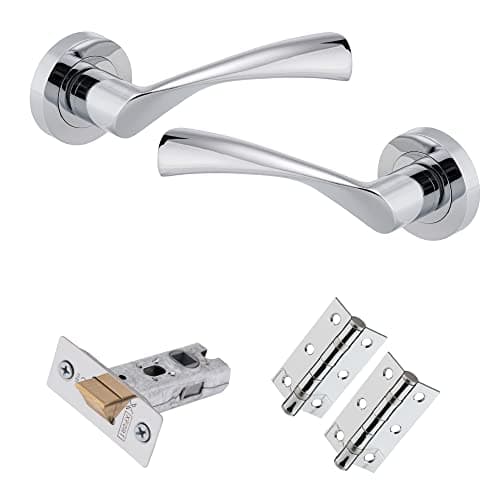 Image of XFORT Polished Chrome Warped Lever On Rose Latch Pack, with Ball Bearing Hinges & A Tubular Latch, Ideal for Internal Wooden Doors for Home and Office.