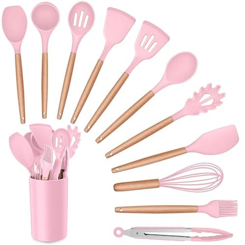 Image of Herogo Kitchen Utensils Set, 12 Piece Silicone Utensil with Holder, Heat Resistant Cooking Utensils with Wooden Handle for Non Stick Cookware Pans, Silicone Kitchen Gadgets Tool Set, Pink