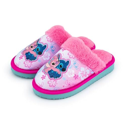 Image of Disney Girls Lilo & Stitch Slippers – Cute Stitch & Angel Embroidered Mule Slippers with Faux Fur Lining, Anti-Slip Sole & Padded Heel – Kids House Shoes UK Shoe Sizes 11-4 (12)