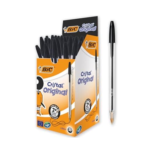 Image of BIC Cristal Original Smudge Free Ballpoint Pens, Ideal for School, Black, Medium Point (1.0mm), Pack of 50