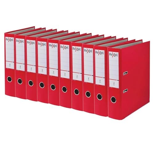 Image of Rexel A4 Lever Arch Files, Red Polypropylene Filing Folders, Durable PP ECO 75 mm Spine Holds Up to 500 Sheets, for A4 Document Storage and Everyday Filing, Pack of 10