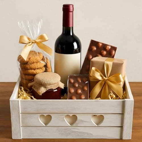 Image of khevga Wooden Hamper Box with Heart Design – Empty Gift Hamper Basket 30 x 20 x 12 cm – Decorative Storage Box Whitewashed – Vintage Wooden Storage Crate