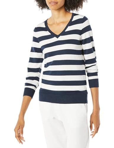 Image of Amazon Essentials Women's Regular-Fit Lightweight V-Neck Long-Sleeve Jumper (Available in Plus Size), Navy White Rugby Stripe, M