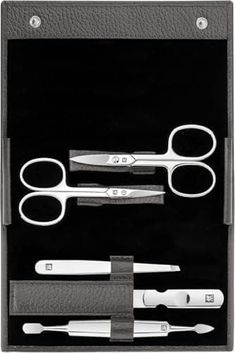 Image of ZWILLING Manicure Set (5 piece, nail care and pedicure with genuine leather case with nail scissors and cuticle scissors), Polished Stainless Steel, Anthracite
