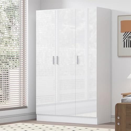 Image of Reflect 3 Door Plain Wardrobe | White Gloss & Matt White | Bedroom Storage with Hanging Rail & 4 Shelves | H: 180cm x W: 113cm x D: 47cm | Modern Sleek Design