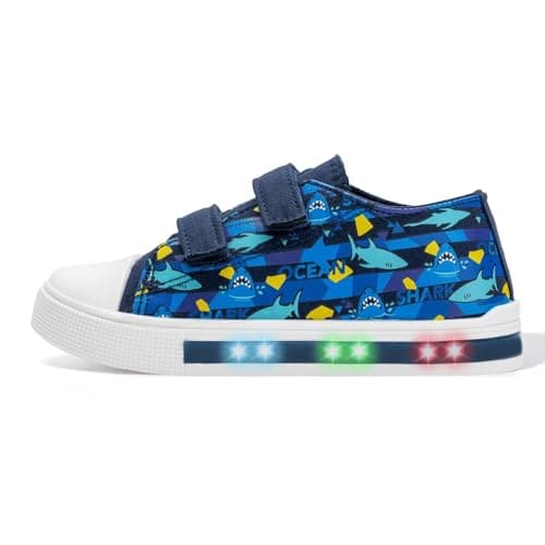 Image of Boys Light Up Trainers Kids Summer Canvas Shoes Toddler Outdoor Indoor School Shoes with Hook and Loops Shark Size 9 UK Child
