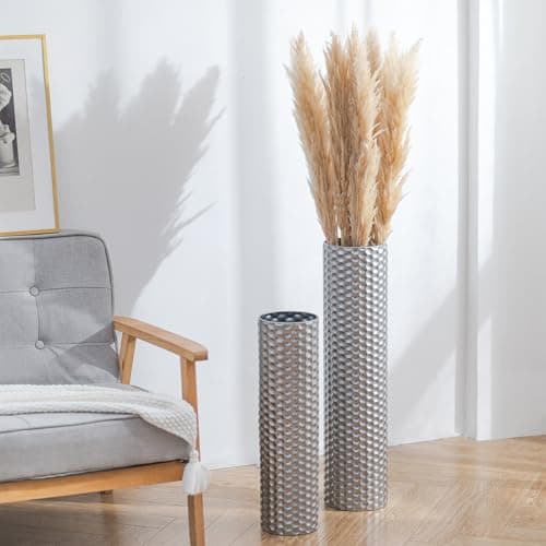 Image of Sziqiqi Silver Large Floor Vases: 70/55cm Tall Vases Floor Standing Set of 2 for Fake Plant Pampas Grass Artificial - Metal Honeycomb Design Flower Vase for Living Room Indoor Hallway Fireplace Decor