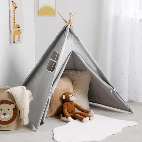 Image of OHS Teepee Tent for Kids, Easy to Assemble Foldable Sleepover Indoor for Kids Portable Teepee Garden Beach Canvas Playhouse with 4 Wood Poles
