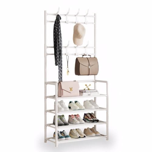 Image of Coat Stand for Hallway,3-in-1 Coat Rack with Shoe Storage 8 Hooks,Free Standing Shoe Rack with Coat Hanger Clothes Rail Coat And Shoe Rack Storage Unit for Entryway,Bedroom,Living Room (4-tier White)