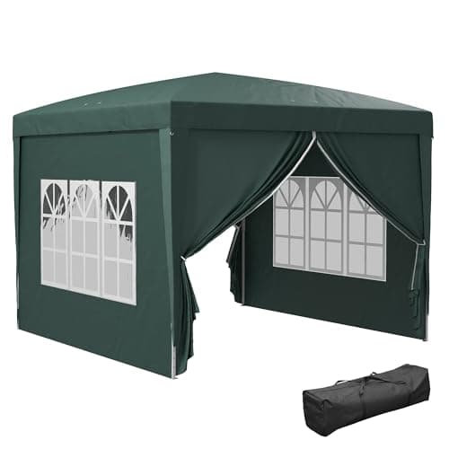 Image of Outsunny 3 x 3 m Garden Pop Up Gazebo, Wedding Party Tent Marquee, Water Resistant Awning Canopy with Sidewalls, Windows, Carry Bag, Green