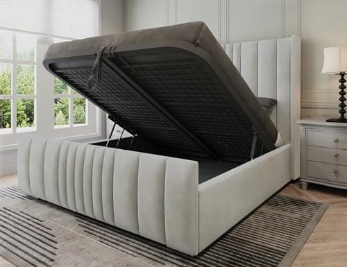 Image of Furnishion Manhattan King Size Bed Frame with Storage, Modern Velvet Ottoman King Size Beds with storage, Luxury Panelled Frame with Metal Mesh Base & 48" Headboard, Storage Bed in Silver Plush