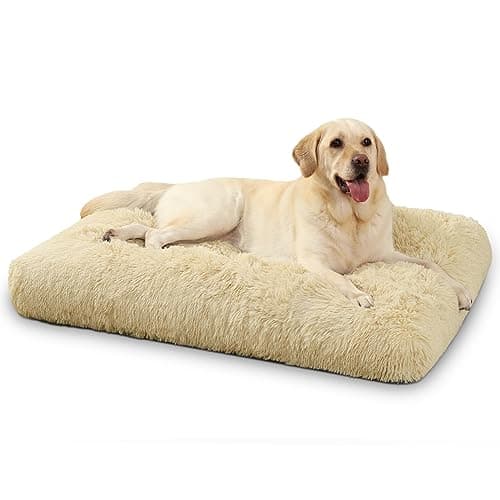 Image of KSIIA Calming Dog Crate Bed Large, Fluffy Washable Mattress, Long Plush Anti Anxiety Mat, Non Skid Bottom Dog Pillow Cushion, Pet Beds Beige 90x60cm