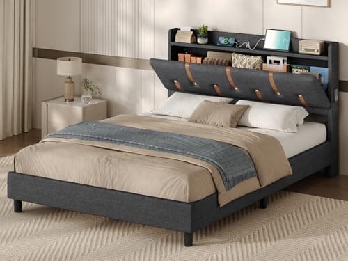 Image of KIMENICH Double Bed Frame 135x190cm, Upholstered Bed 135 x 190 cm with Storage Headboard and Sockets, Open Shelf, Concealed Storage, 4ft6 Double Bed Frame with Wood Slat Support, Linen Grey