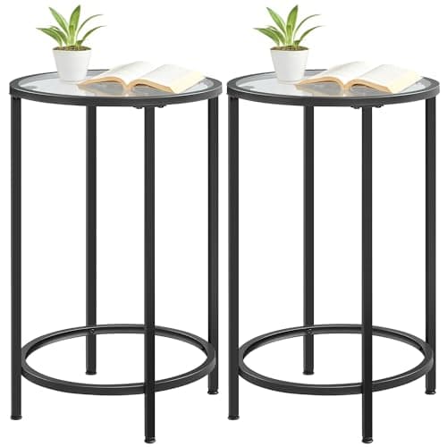 Image of Yaheetech Glass End Table Set of 2, Round Side Table with Tempered Glass Top, Small Coffee Table Bedside Table Sofa Table for Living Room/Bedroom, Black, 40.5 x 40.5 x 61 cm