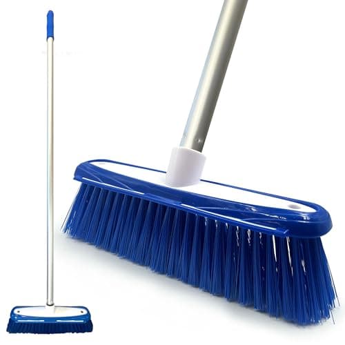 Image of TDBS The Dustpan and Brush Store Colour-Coded Soft Broom Sweeping with Stainless Steel Handle Built-In Scraper, Long for Domestic Commercial Use (Blue), (104158H)