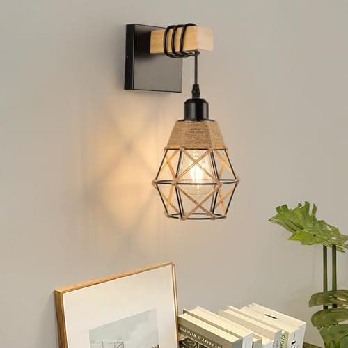 Image of FORCOSO Wall Lights Indoor, Vintage Wood Wall Lamp Black Brown, E27 Sconce Lights, Industrial Lights Fittings, Rustic Rope Lighting Fixtures for Living Room Bedrooms Hallway