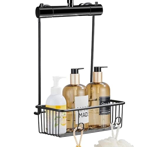 Image of GERUIKE Hanging Shower Caddy Basket No Drilling Bathroom Shelf Over Shower Tap, Easy to Attach Single-Tier Organiser with Hooks, Matt Black Stainless Steel Holder 25.5x13x36.5 cm