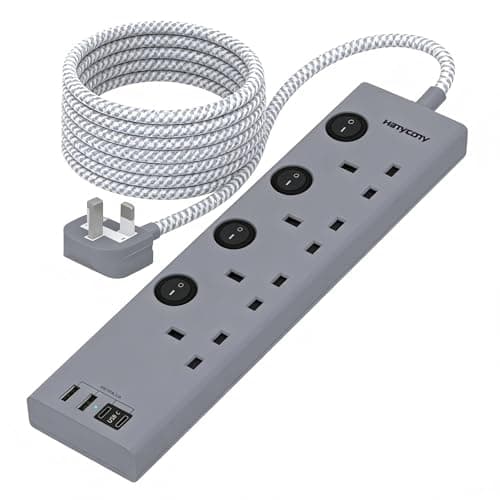 Image of Gray Extension Lead 1.8M, 4 Way Power Strip with 4 USB Slots (2 USB C), Individually Switched Plug Extension, Wall Mountable Desk Outlet, 6ft Braided Cable for Bedroom, Office & Gaming