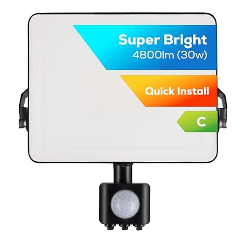 Image of TCP 30W LED Security Floodlight w PIR Sensor, Outdoor, Bright 4800lm, Cool White 4000K, IP44 Waterproof, Easy Install Long Adjustable Bracket, Easy Push Connector, Enery Class C, No Plug Garage Garden