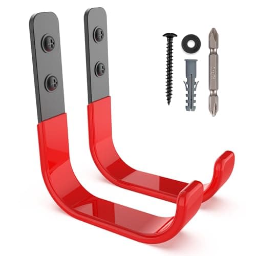 Image of SunVFaFa Garage Hooks, 10 cm Heavy Duty Wall Hooks for Hanging, Ladder Hangers for Garage Storage - Wall Mounted, Steel Utility J Garden Hose Holder & Tool Organizers (Red, 2 Pack, 25 kg)