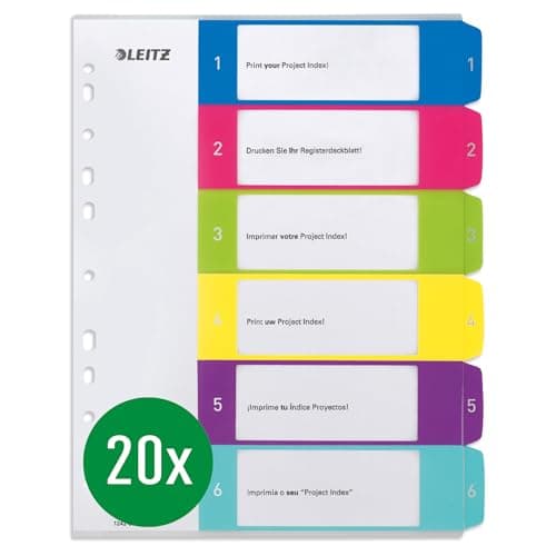 Image of Leitz Index for A4, Pack of 20, PC-writable Cover Sheet and 6 dividers, tabs with Number Print 1-6, Extra Width, Multicoloured, Polypropylene, Wow, 12420000