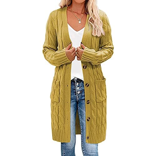 Image of Earnmore Womens Long Sleeve Cable Knit Long Cardigan Open Front Button Sweater Outerwear, Yellow, L