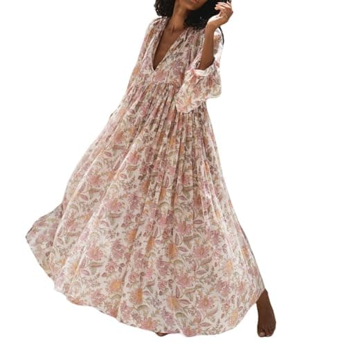 Image of FeMereina Women's Deep V Neck Puff 3/4 Sleeve Long Dress High Waist Floral Print A Line Midi Dresses Smocked Ruffle Flowy Casual Dress (Ivory White, M)