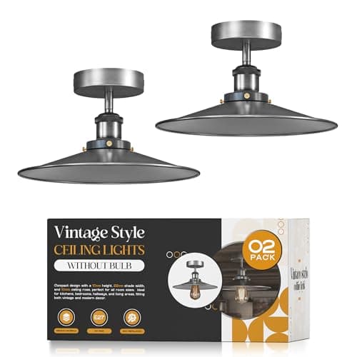 Image of DC VOLTAGE Pack of 2 Vintage E27 Flush Mount Ceiling Light 22cm Satin Nickel Flat Shade Easy Fit Anti Rust Durable Metal LED Ceiling Lighting Fixture for Kitchen Living Room Hallway EPC A+