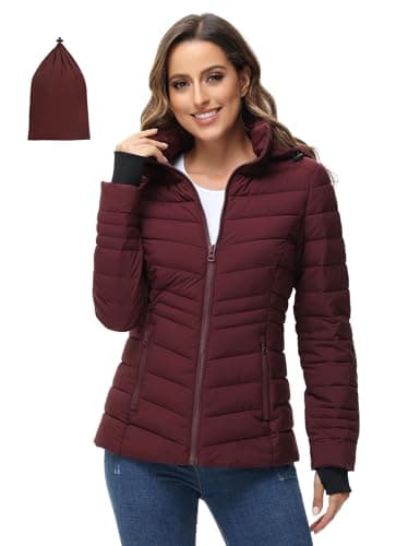 Image of ROYAL MATRIX Women's Packable Puffer Jacket, Lightweight Puffer Jacket Winter Warm Quilted Puffer Jacket with Detachable Hood, Wine Red, X-Large